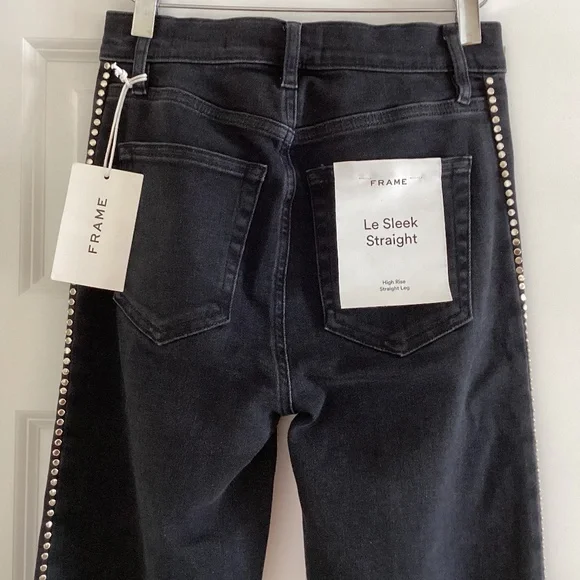 FRAME Women's Jeans Le Sleek Straight High Rise Astronaut Black Studded Sz 25 - Picture 6 of 16